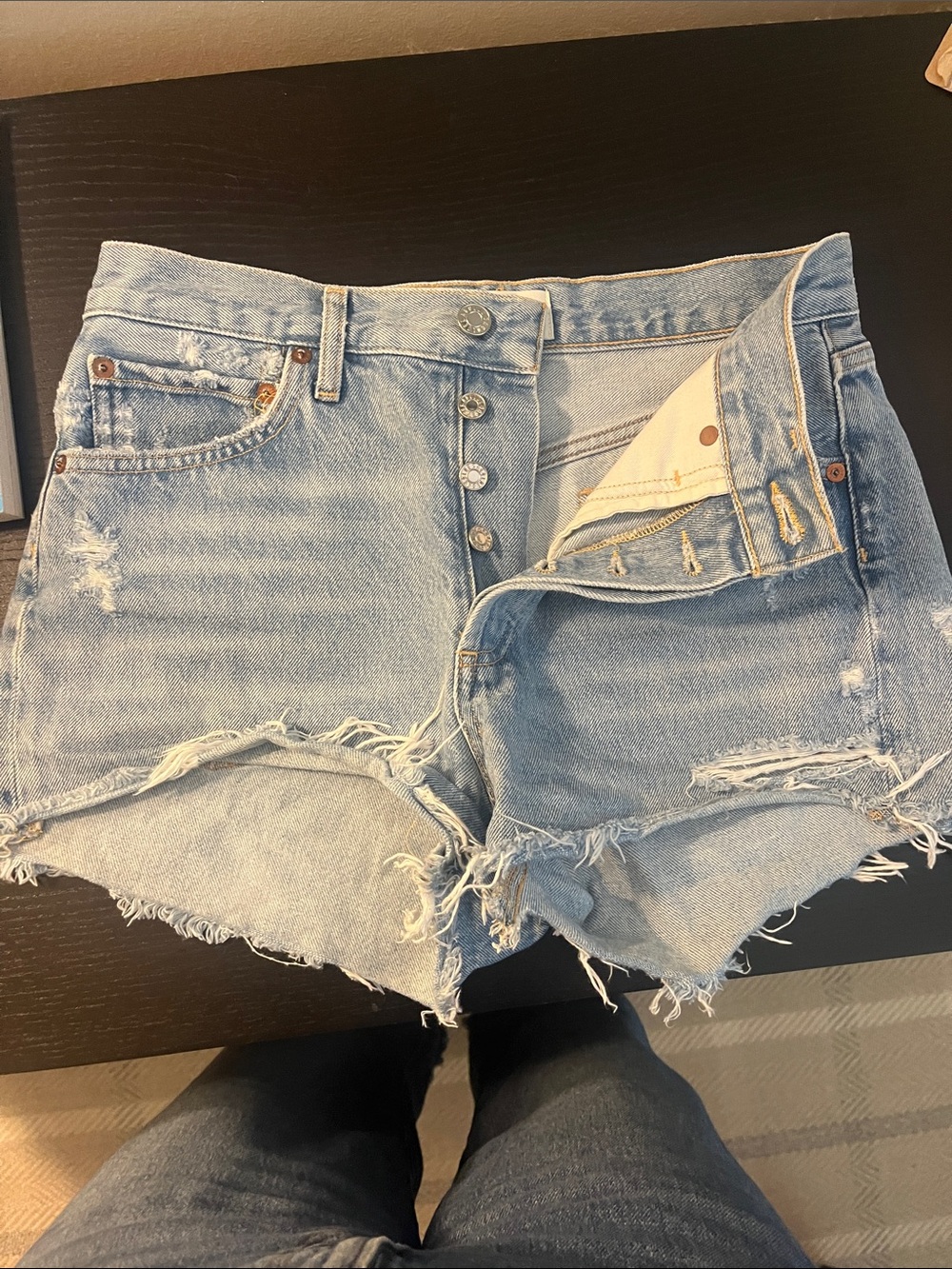 AGOLDE Light Blue Distressed High-Rise Denim Shorts